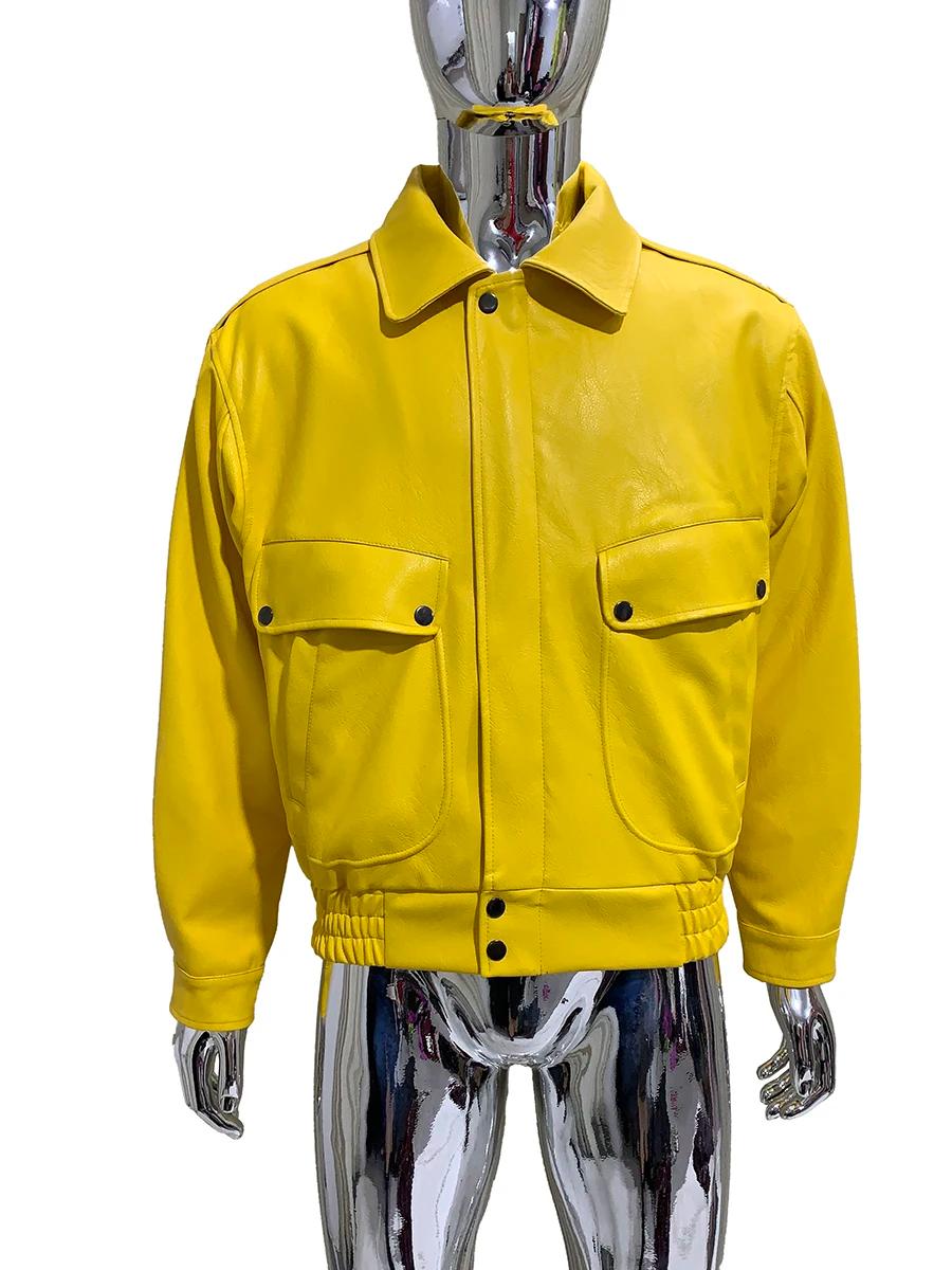 Veste courte en cuir Pu pour hommes, Cool, jaune vif, col rabattu, rouge, luxe, mode européenne, vêt