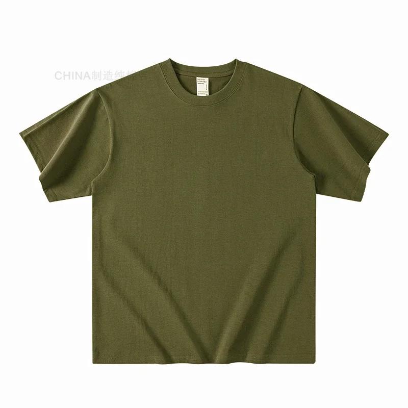 T-shirt d'été à manches courtes en coton épais bleu clair 300g, ample, décontracté, à demi-manches p