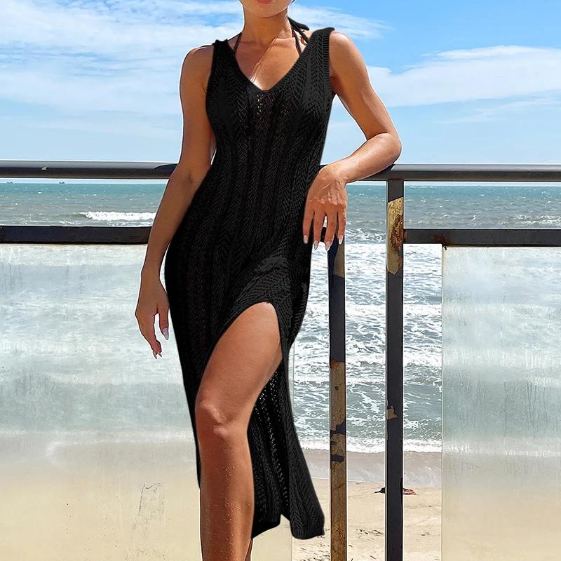 Robe Maxi ajourée pour femmes, tenue de vacances, Chic, couleur unie, tricotée, mode, sans manches,