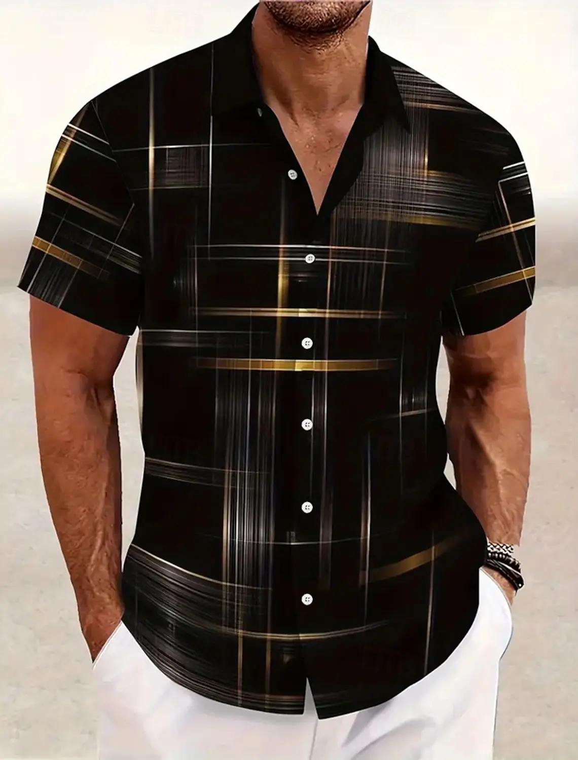 Chemises d'été à carreaux à grille géométrique pour hommes, chemise hawaïenne à manches courtes raba