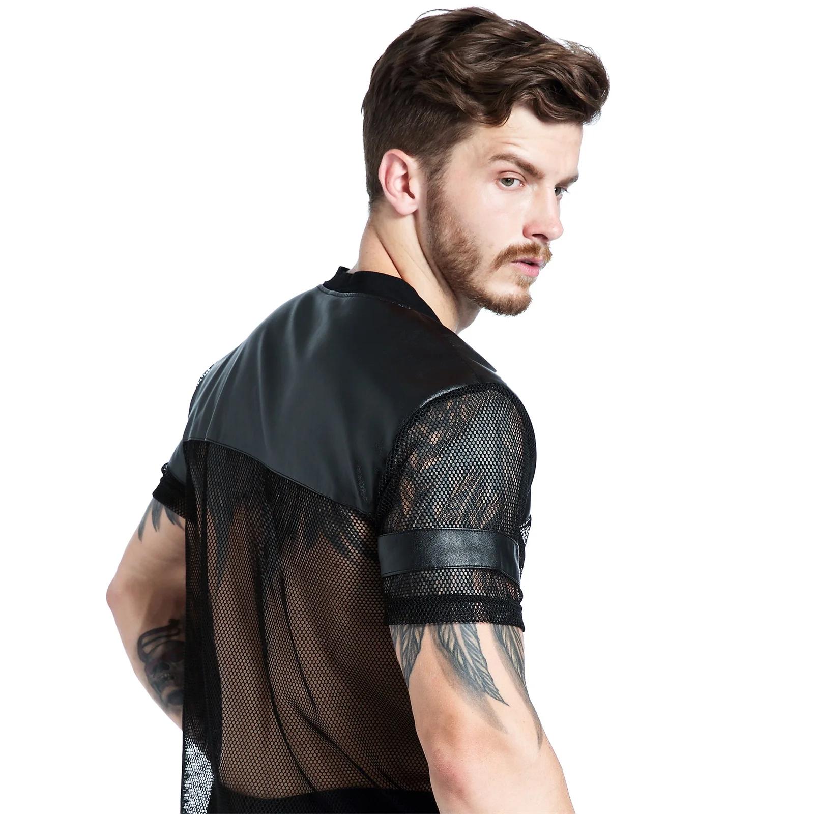 T-Shirt en résille pour hommes, Sexy, en Faux cuir PU, chemises en maille, hauts transparents, manch
