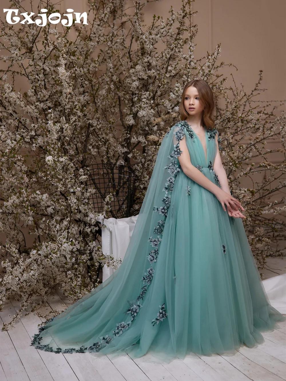 Robe de princesse pour enfants, élégante, verte, exquise, à fleurs 3D, avec cape, pour les filles, r
