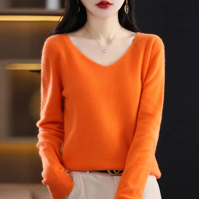 Pull en cachemire à col en V pour femme, 100% laine mérinos, pull basique, manches longues, tricots