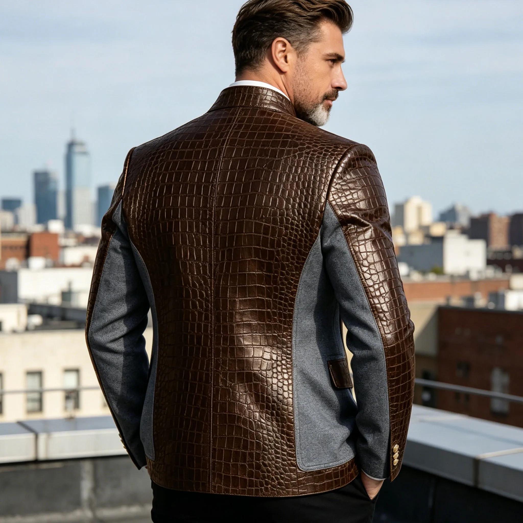 Blazer en cuir PU de luxe marron pour homme, effet croco, patchwork denim, col montant, coupe ajusté