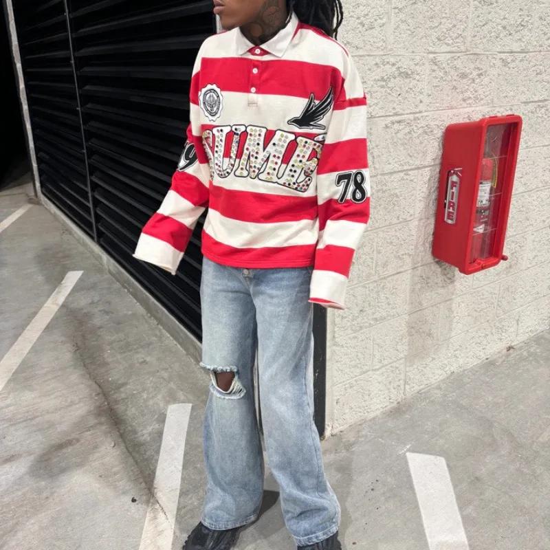 Y2K rétro à manches longues Polo rayure Sume broderie motif chemise hommes tendance Sport Hip Hop dé