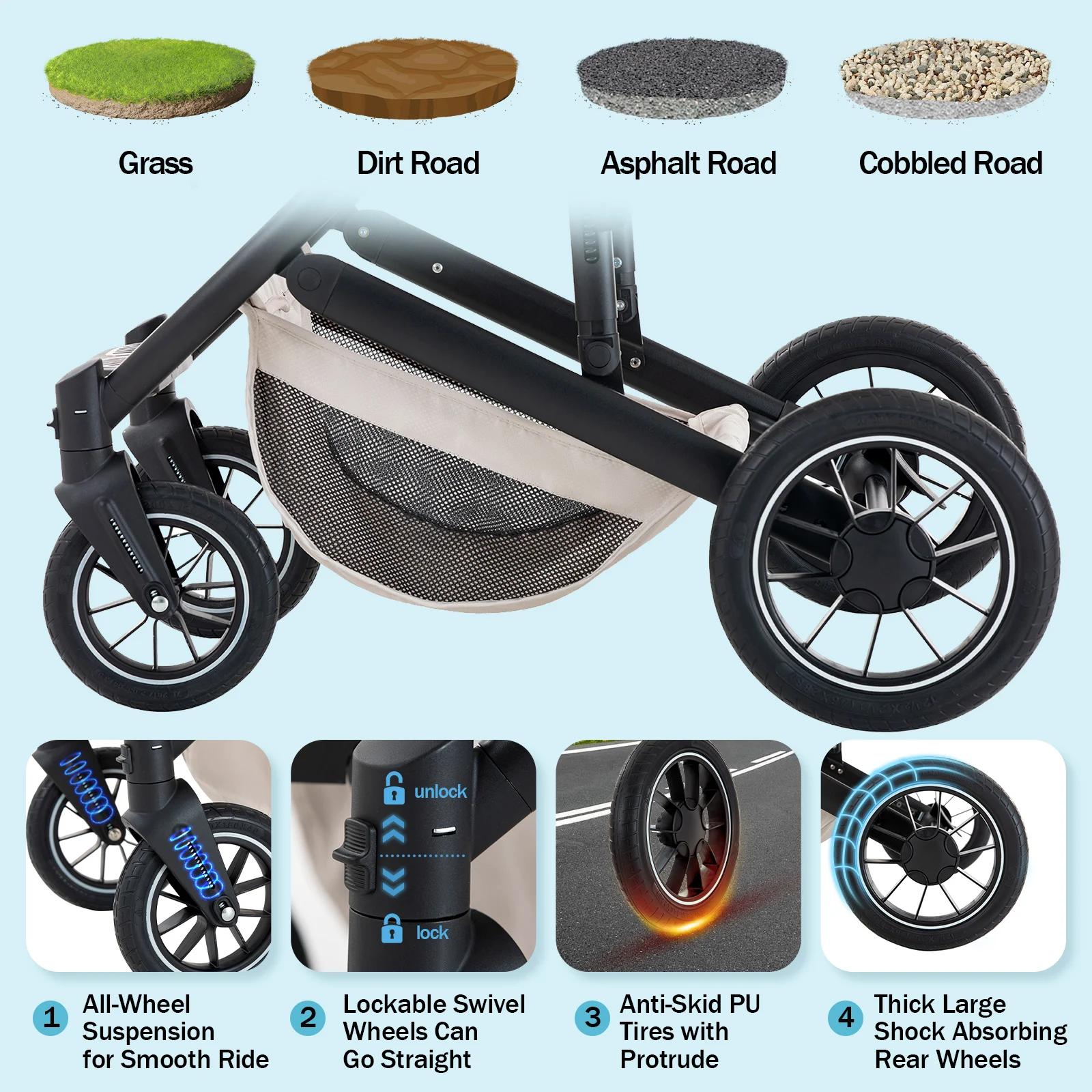 Poussette 3 en 1 pour bébé, siège inclinable pliable pour nouveau-né et enfant en bas âge, système d