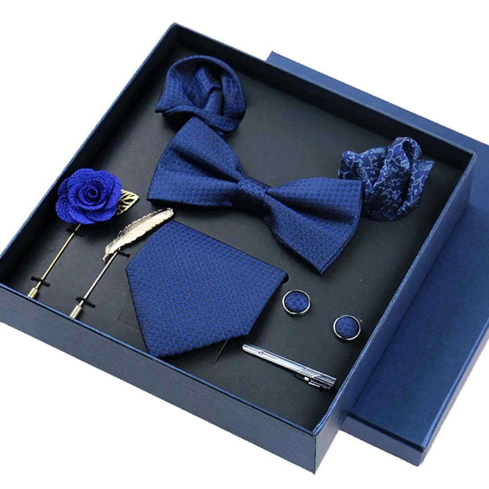 Ensemble de 8 pièces d'affaires, cravates bleues pour hommes, broches florales, boutons de manchette