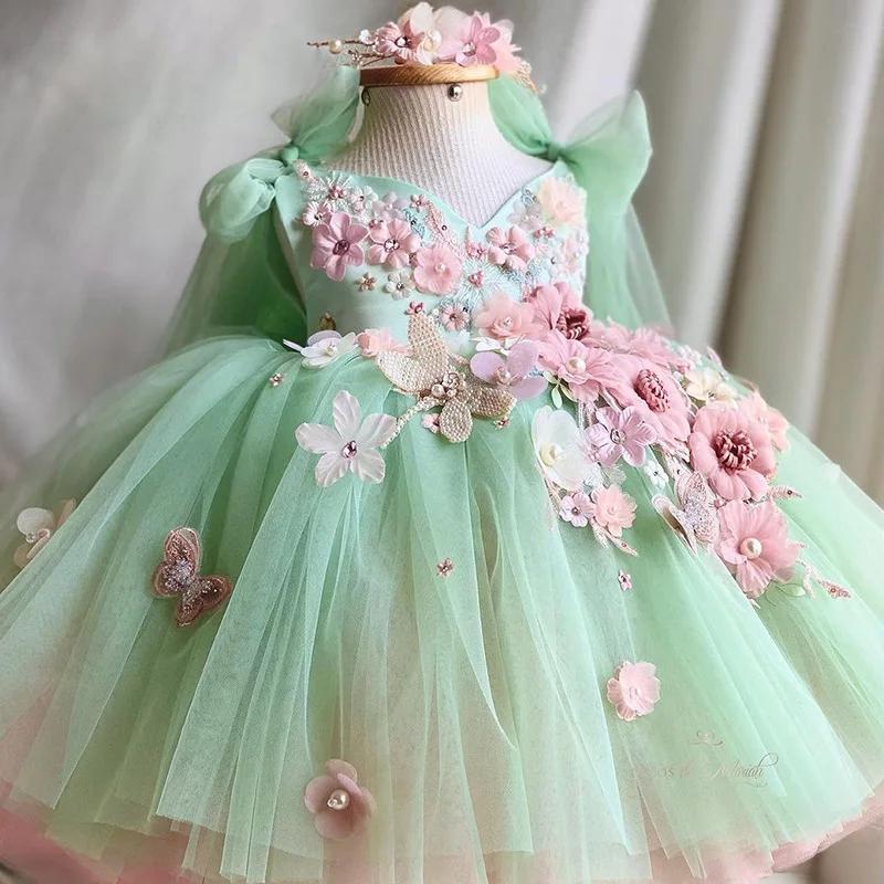 Robe de princesse à fleurs et papillons pour filles, luxueuse et élégante, en maille moelleuse, douc