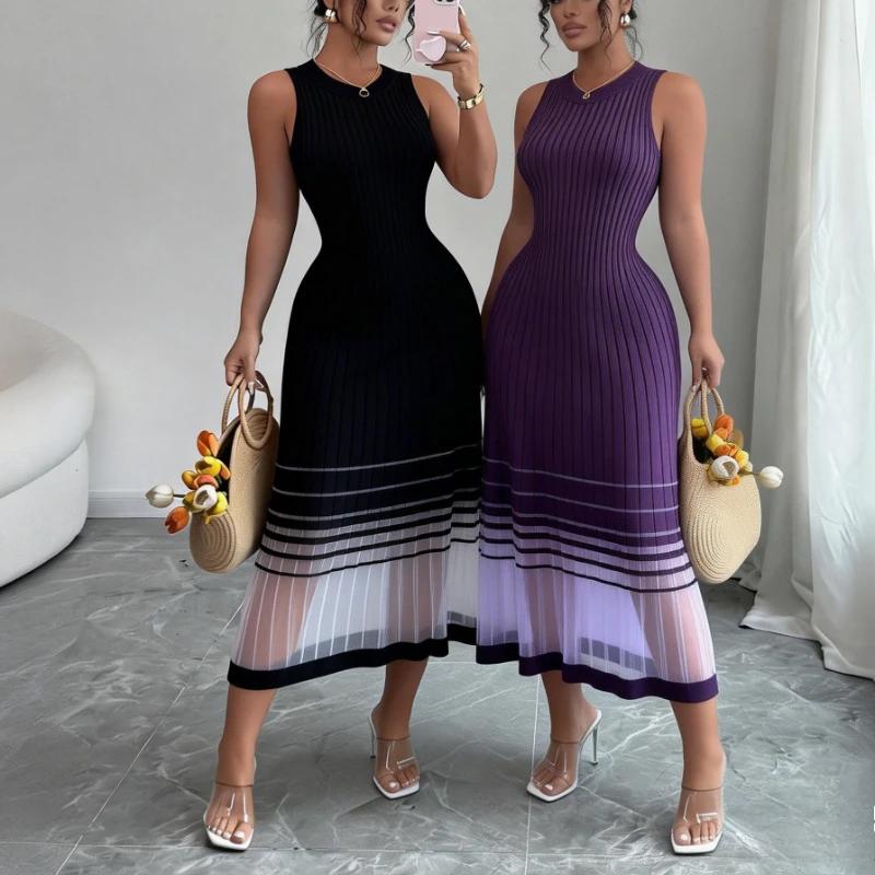 Robe midi décontractée pour femme, sans manches, col rond, en maille élastique, avec ourlet transpar