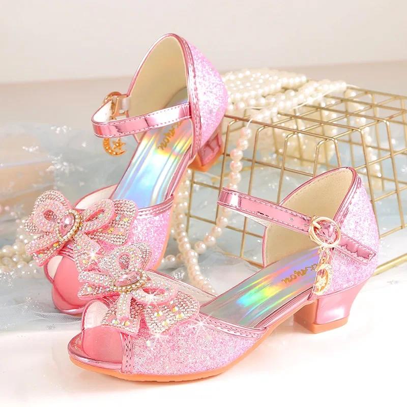 Sandales d'été à talons pour filles, chaussures à paillettes brillantes avec strass, chaussures de d