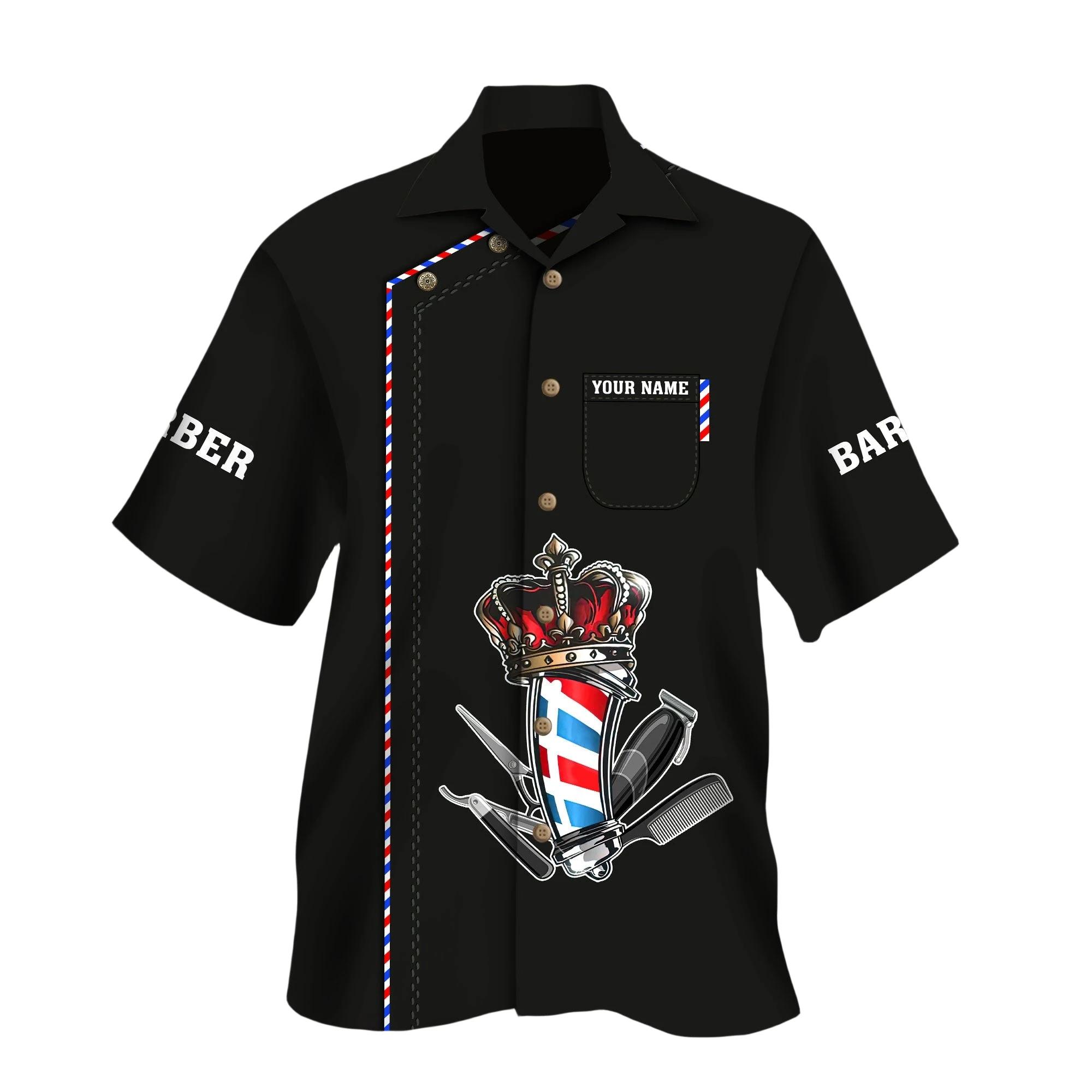 Chemise hawaïenne personnalisée pour hommes, nom d'été décontracté, barbier imprimé en 3D, manches c