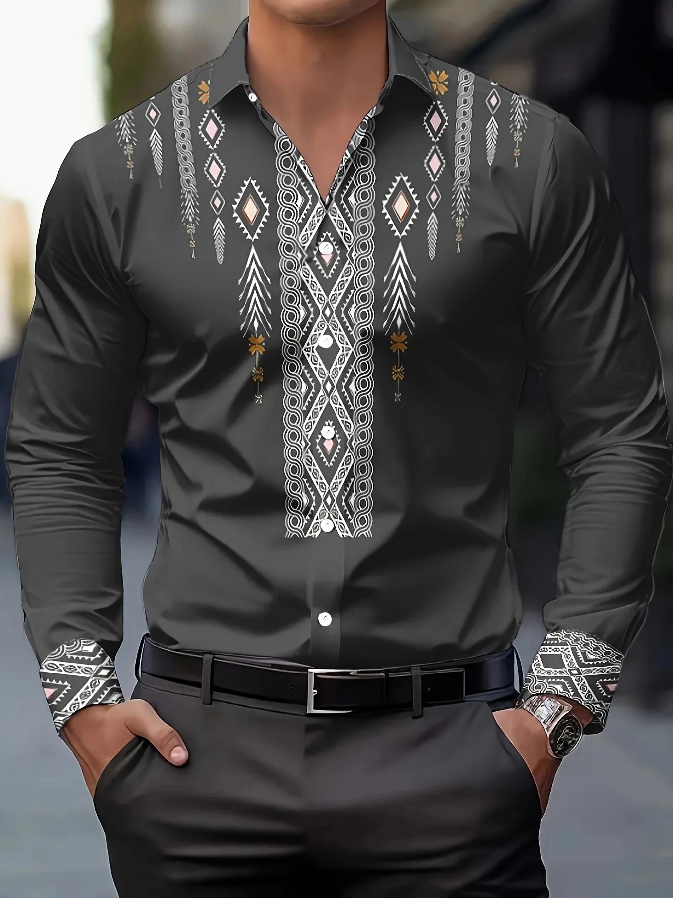 Chemise décontractée à imprimé ethnique pour hommes – Boutonnée respirante à manches longues avec mo