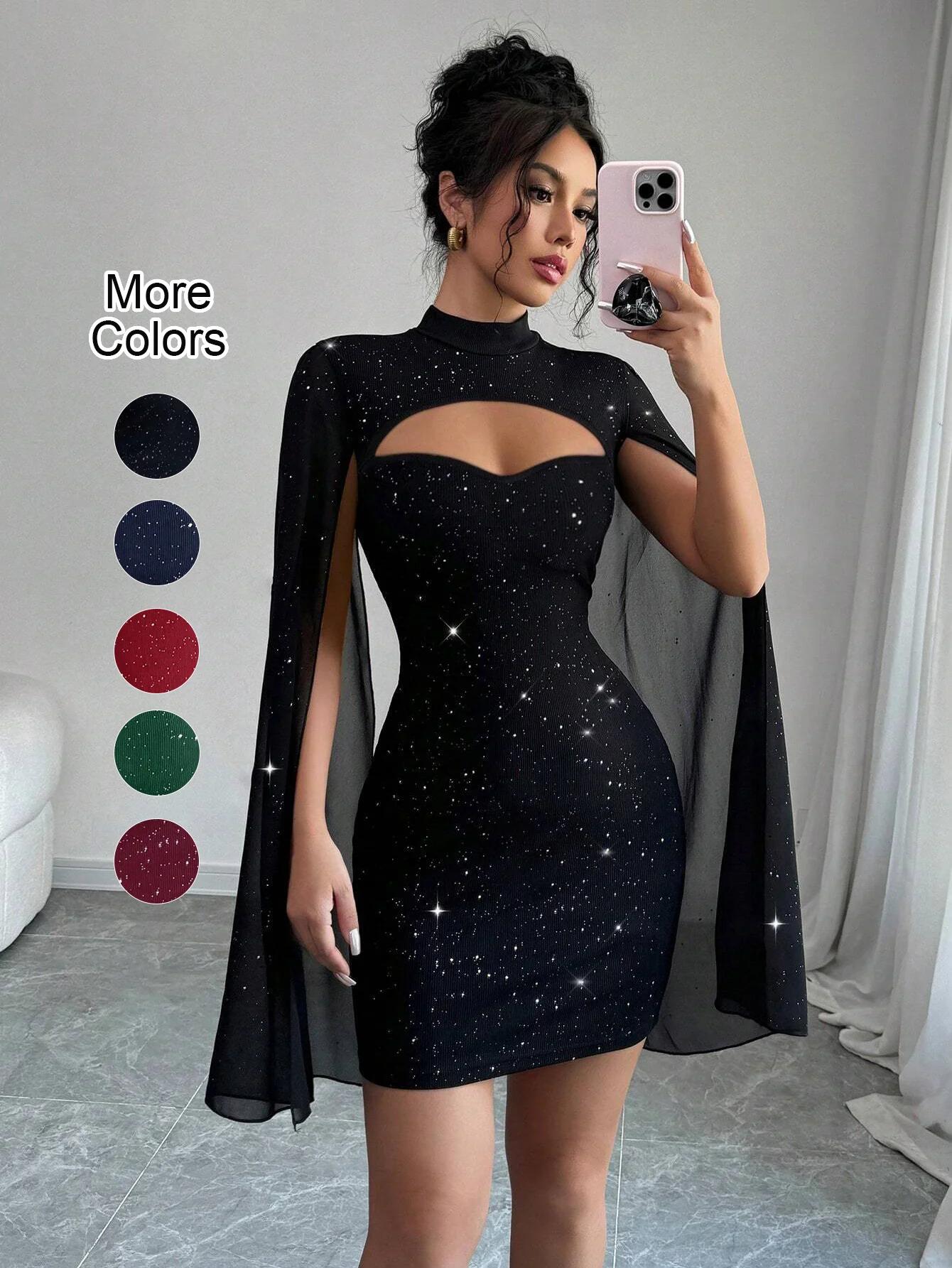 Mini robe Cape à col montant pour femmes, Sexy, paillettes scintillantes, soirée en boîte de nuit, m