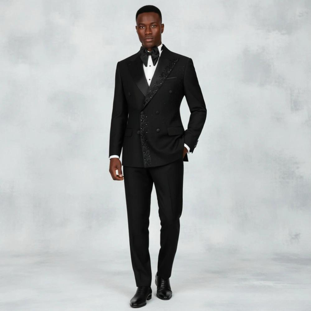 Costume Homme Perlé Brodé Noir Texturé Croisé Coupe Slim Formel pour Mariage, Bal de Promo, Dîner, S