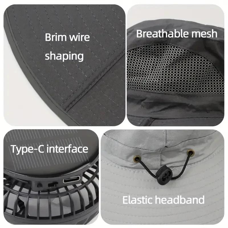 Chapeau de soleil d'été d'extérieur avec 2 ventilateurs, large bord, sangle coupe-vent, chargement s