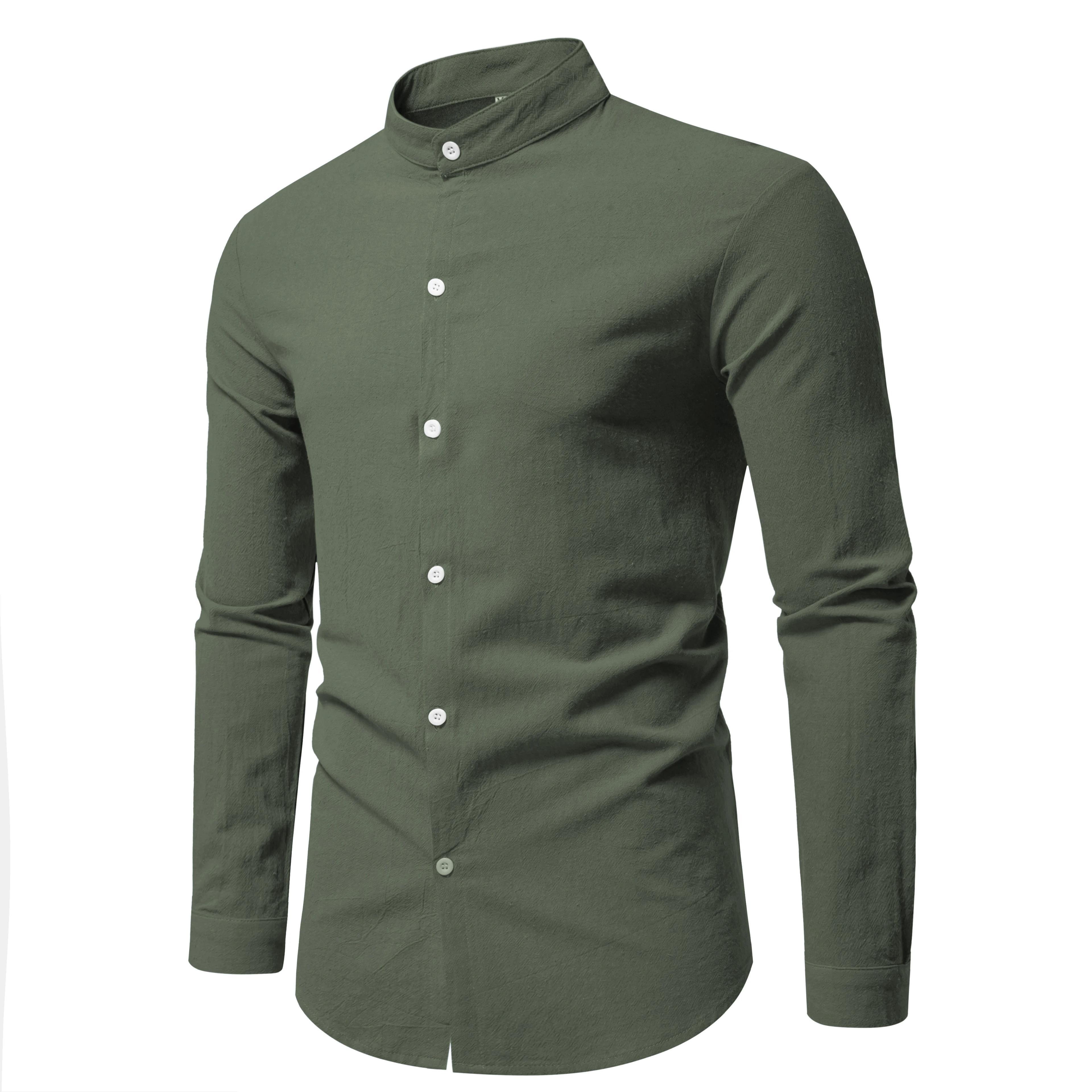 Printemps hommes à manches longues col montant couleur unie chemise décontractée hommes pur coton mo