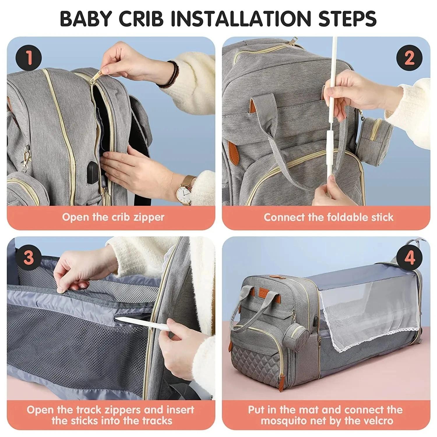 Sac à langer 3 en 1, sac à dos pliable, lit bébé, sac de voyage imperméable avec chargeur USB, sac à