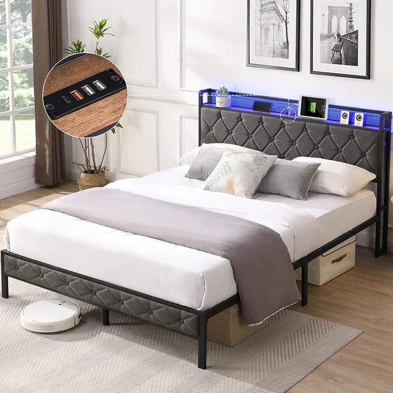 Cadre de lit King avec planche de sauna de rangement, station de charge et lumières LED, lit platefo