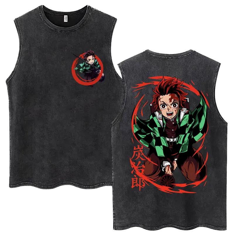 Débardeur en coton sans manches pour hommes et femmes, délavé, Anime Demon Slayer Hashibira Inosuke,