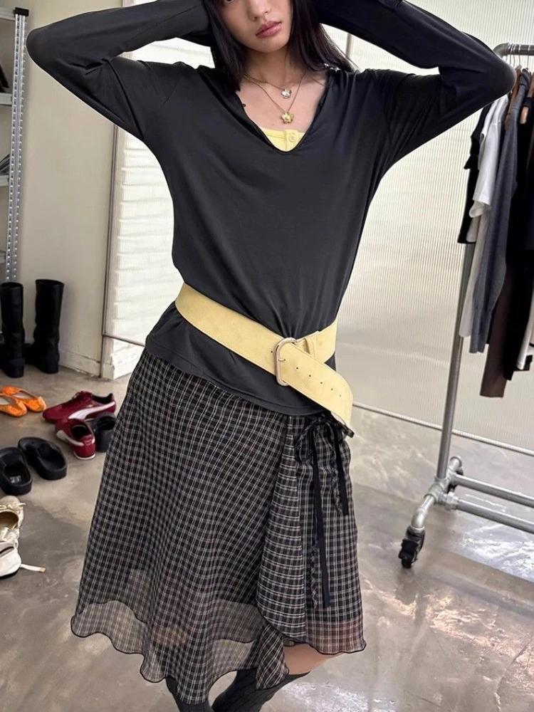 Deeptown Vintage Plaid maille jupes femmes japonais asymétrique mi jupe Y2k Harajuku à lacets jupes