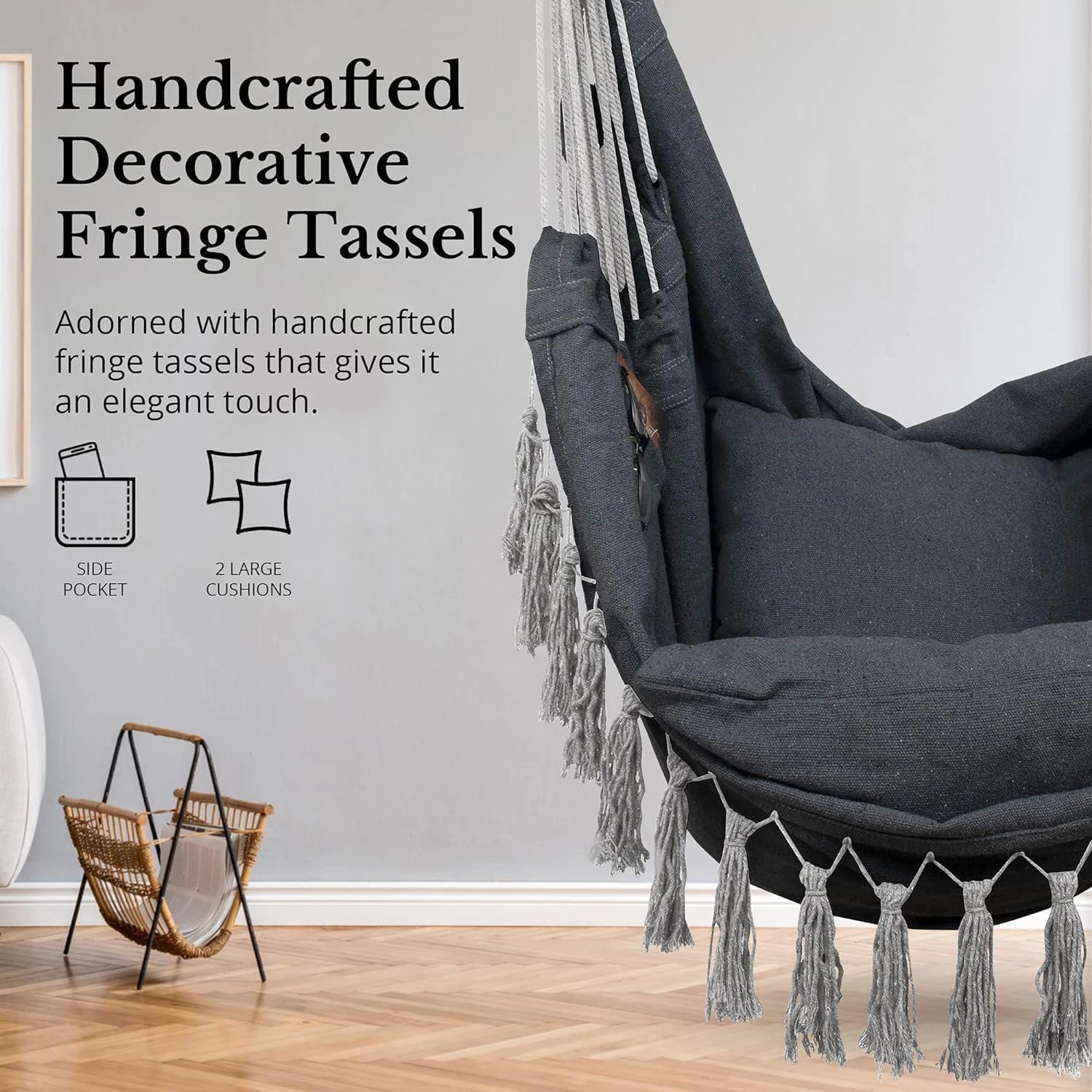 Chaise suspendue en macramé avec 2 oreillers | Balançoire en corde de coton d'une capacité de 500