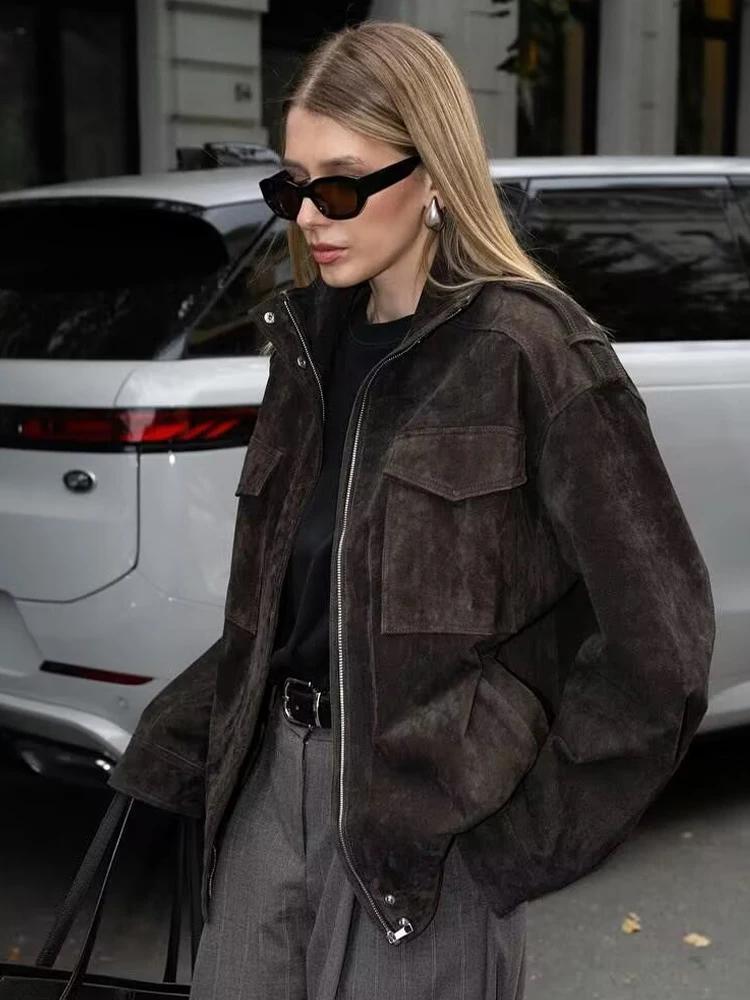 Veste en daim pour femme SLTNX, nouvelle collection printemps 2026, manteau décontracté chic à manch