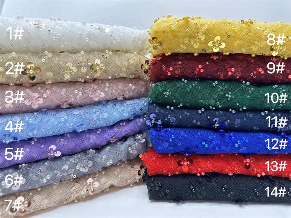 Tissu en dentelle de tulle africain doré 2026, tissu en filet français à sequins, broderie avec perl