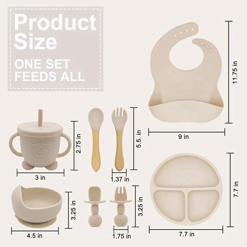 Ensemble d'alimentation bébé 8 pièces en silicone - Vaisselle pour enfants avec assiettes, bols et couverts