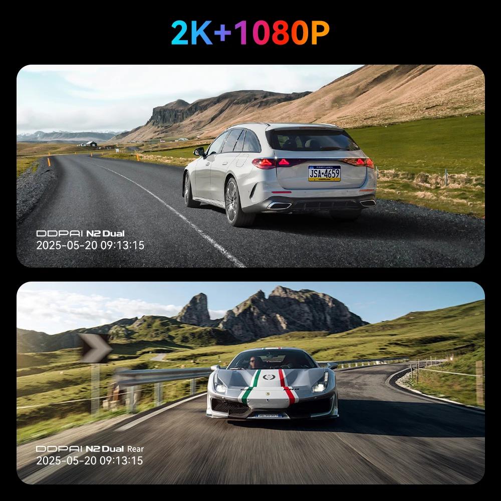 Caméra embarquée DDPAI N2, avant 1440P, arrière 1080P, HDR, GPS, ADAS, vision nocturne, avec superco