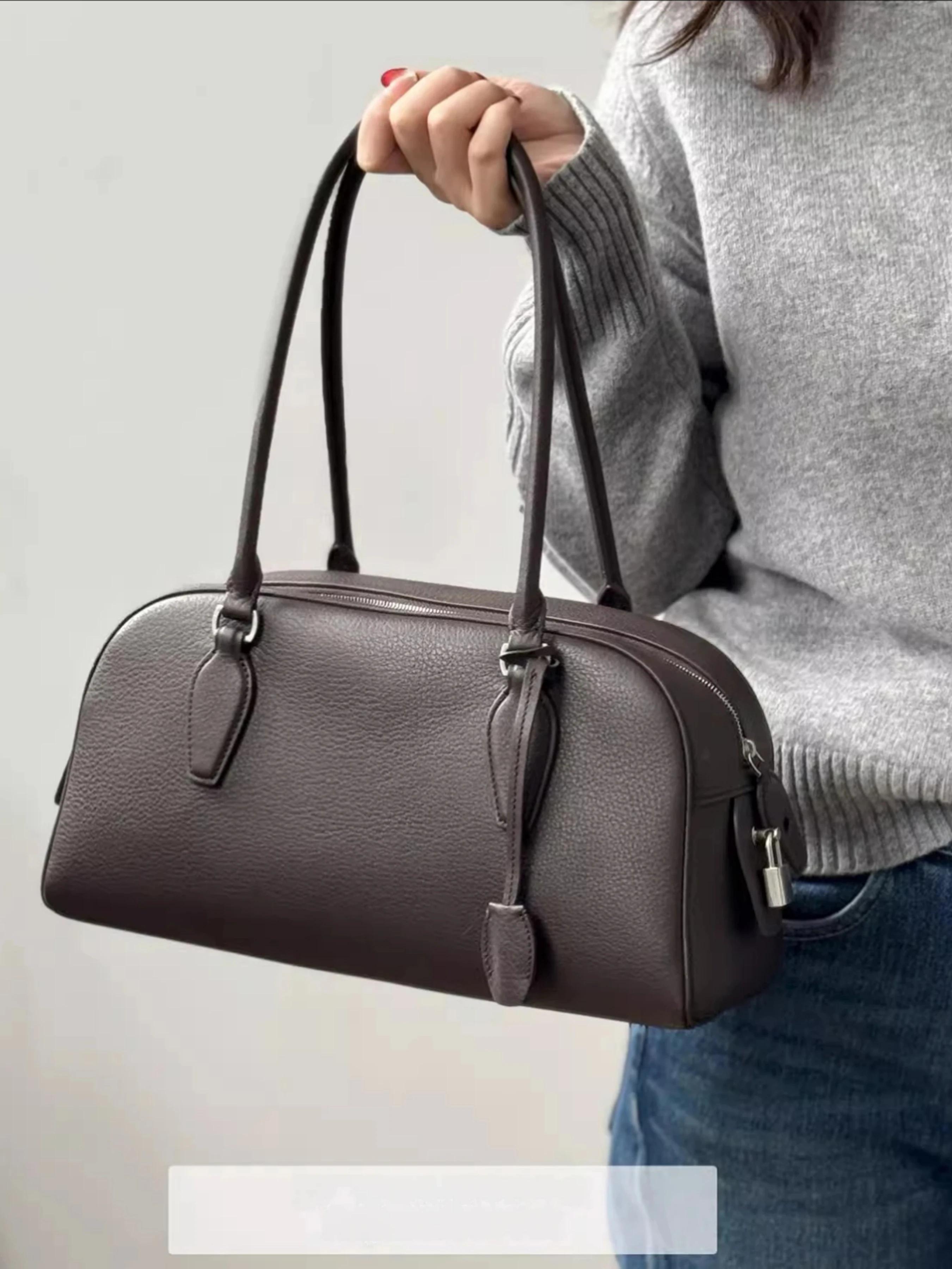 Sac de style français au design de niche, sac bowling Boston en cuir de vachette première couche, sa