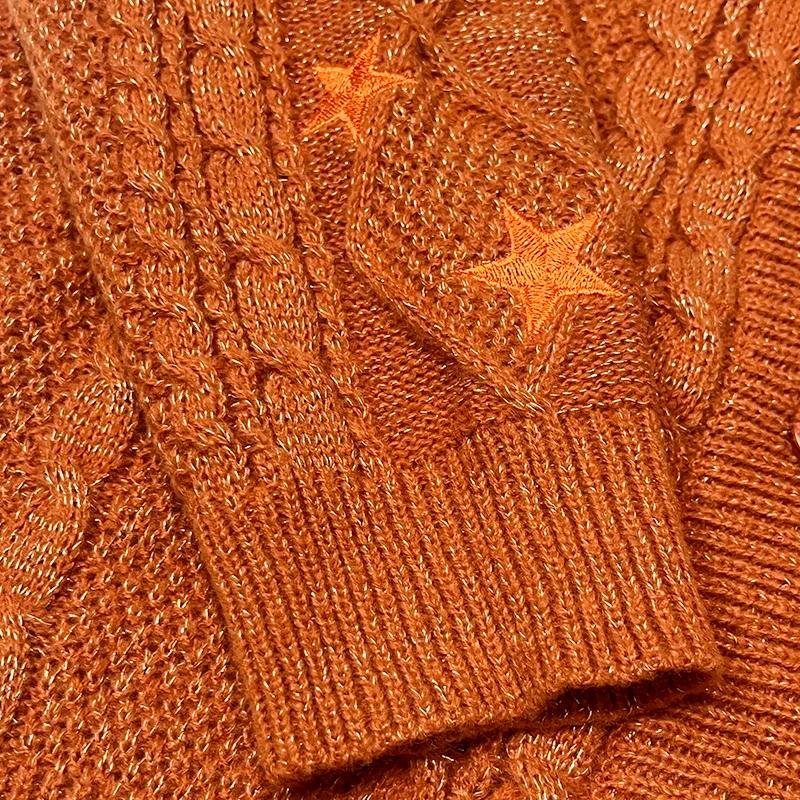 Cardigan TS scintillant pour femmes, pull en tricot épais Orange avec broderie d'étoiles, fil doré,