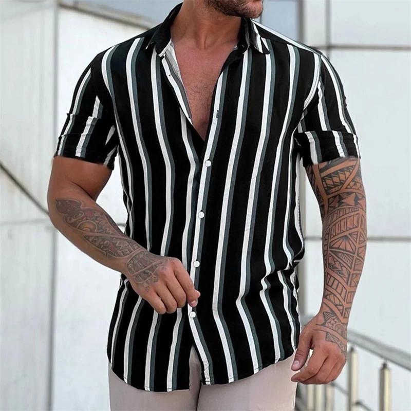 Nouveaux hommes chemises mode rayures imprimer à manches courtes t-shirts été hauts hommes col rabat
