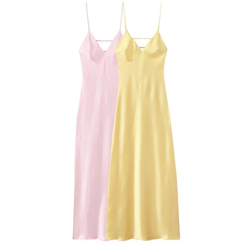 HXAO femmes jaune robe d'été 2025 femme Satin col en v robes de soirée élégante soirée sans manches