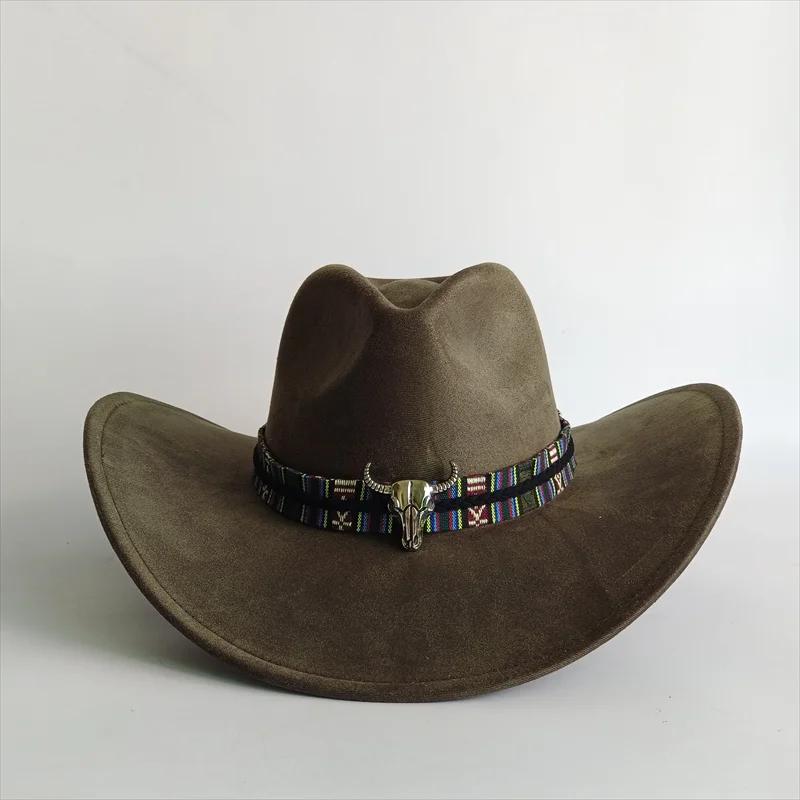 Chapeau de cowboy en daim vert armée, nouveau modèle grande taille, en daim, avec dessus en forme de