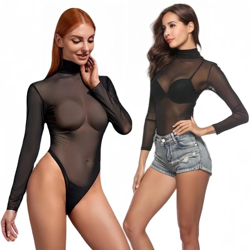 Body moulant noir à manches longues pour femmes, grande taille, une pièce transparente, dessus de ch