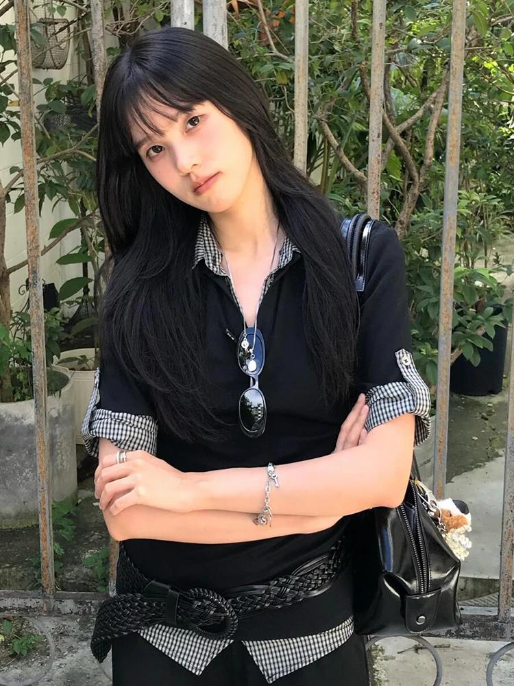 Genayooa américain rétro Patchwork chemise femmes demi manches chemises décontractées Y2k Vintage fa