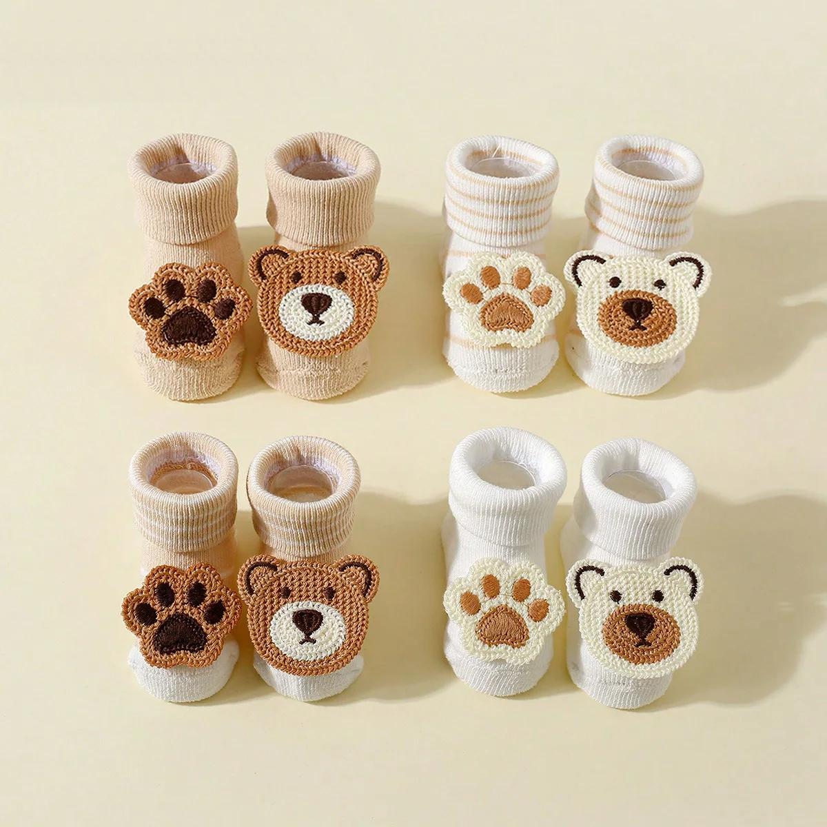 4 paires de chaussettes ours de dessin animé mignon pour bébé, chaussettes antidérapantes en coton d