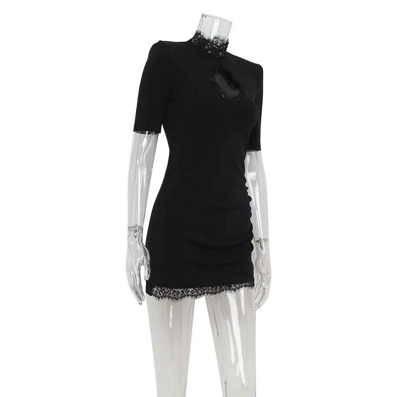 Robes à col haut pour femmes, mini robe éducative, tenues à demi-manches, gaine de tambour évidée, p