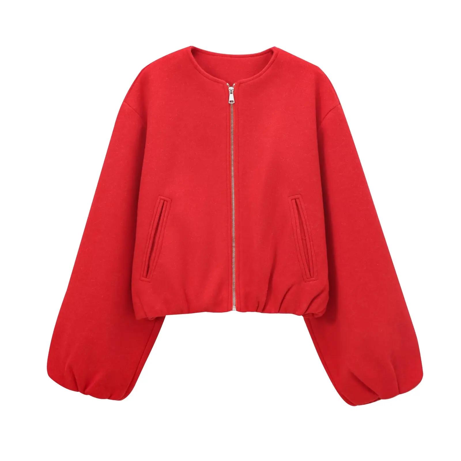 MUJER rouge fermeture éclair Bomber vestes pour femmes doux recadrée vestes femme 2025 à manches lon