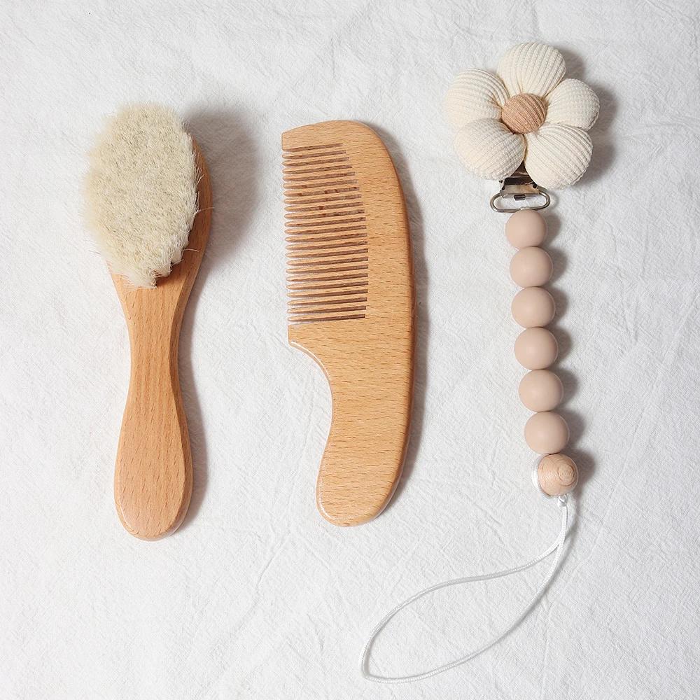 Ensemble de brosses et peignes pour bébé, coffret cadeau pour nouveau-né, laine naturelle, hêtre, pe
