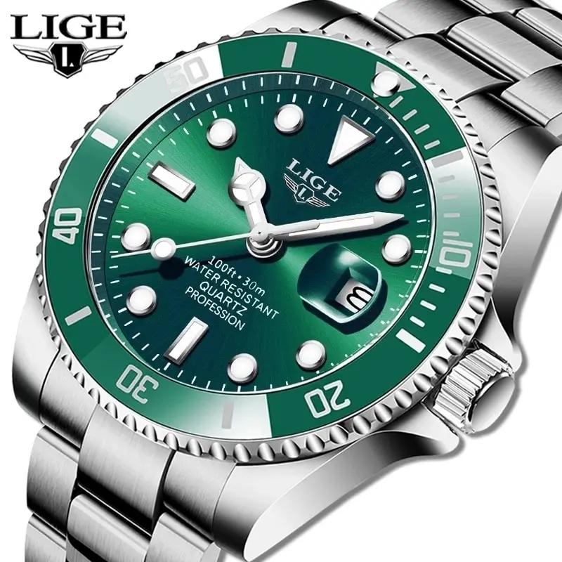 LIGE-Montre de plongée étanche pour homme, montre-bracelet à quartz, horloge de date, montres de spo