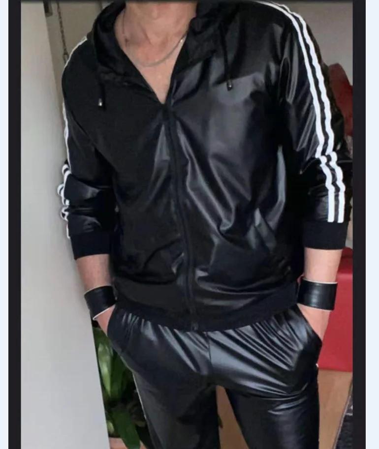 Costume à capuche en cuir PU pour hommes, vêtements de sport décontractés, costume de Jogging, vêtem