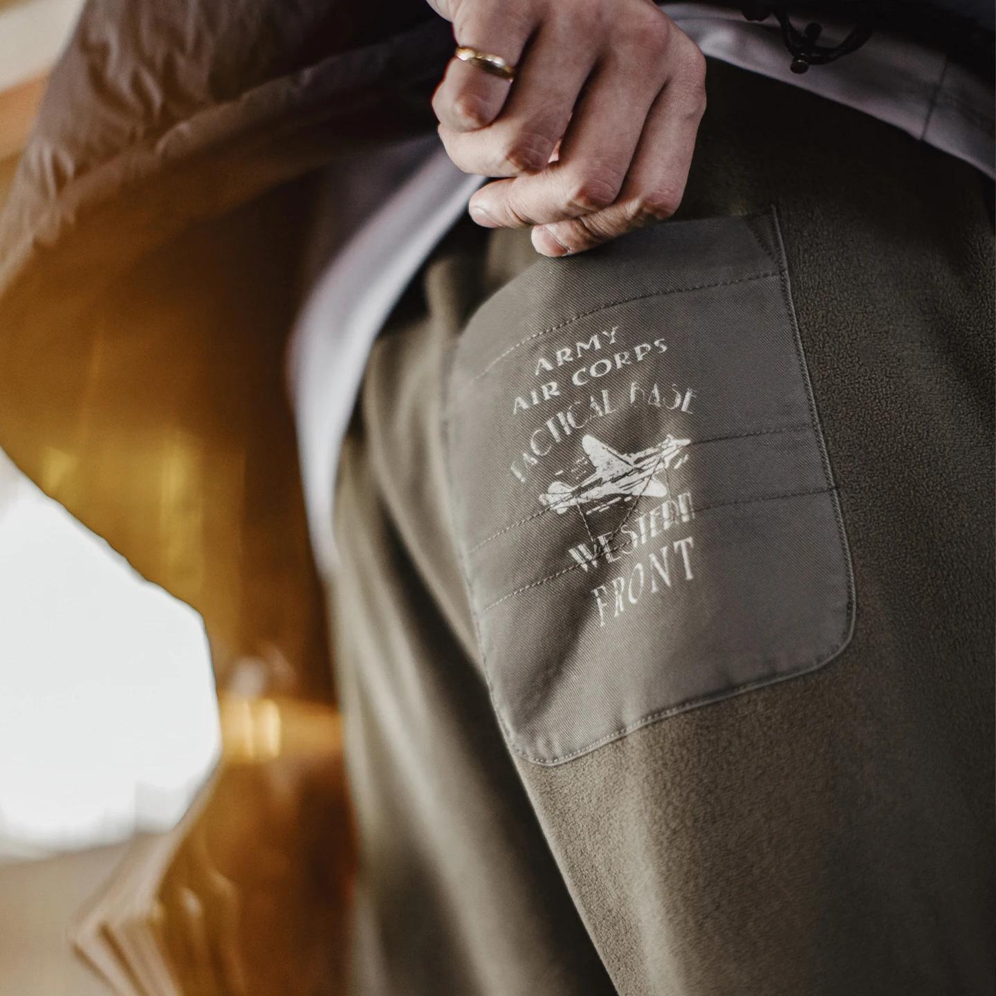 Maden Vintage hommes pantalon de survêtement en polaire brossé vert Olive pantalon thermique taille