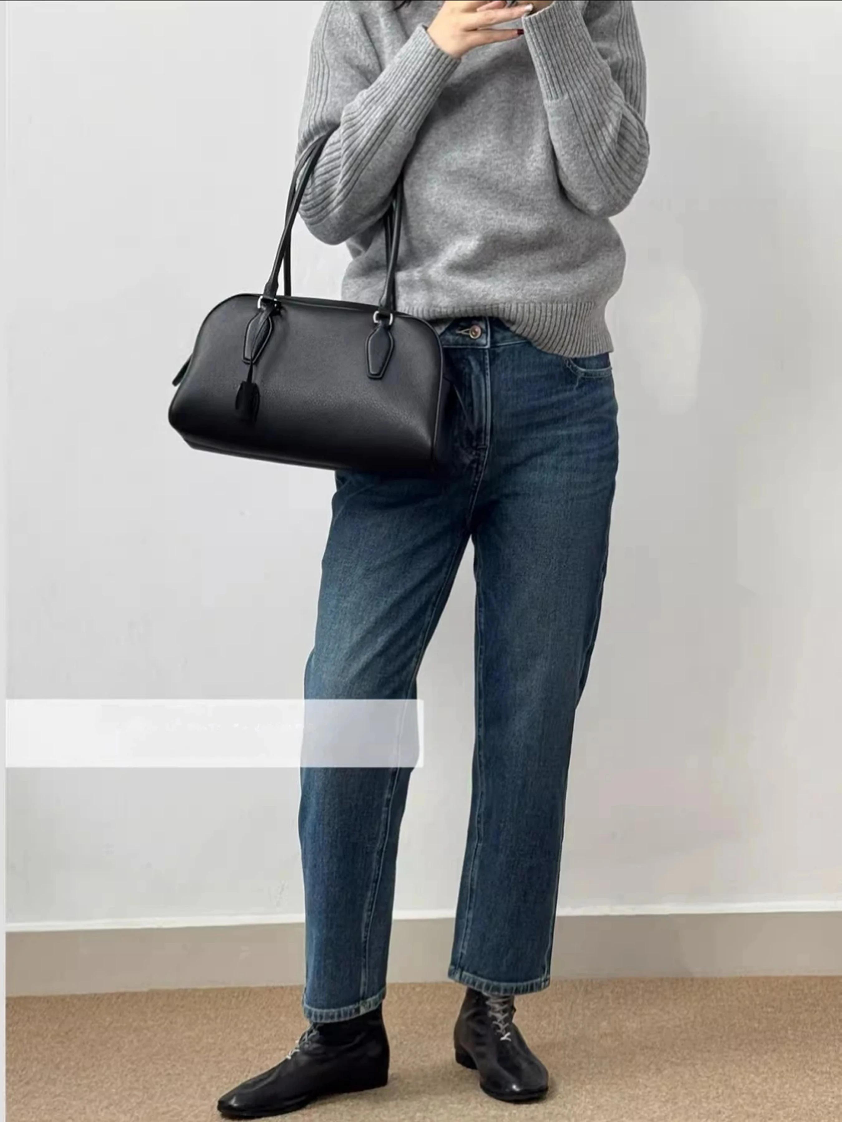 Sac de style français au design de niche, sac bowling Boston en cuir de vachette première couche, sa