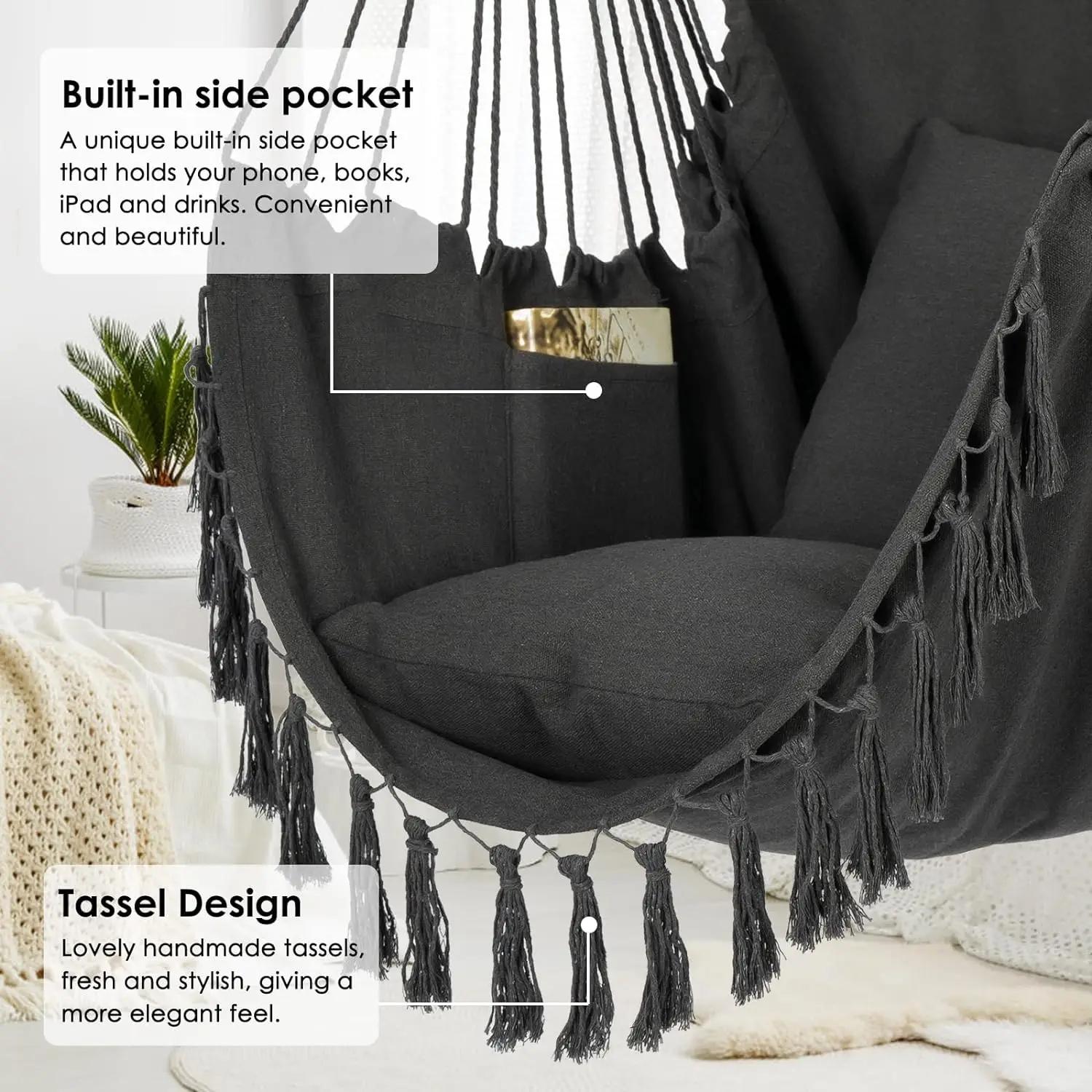 Chaise suspendue en macramé avec 2 oreillers | Balançoire en corde de coton d'une capacité de 500