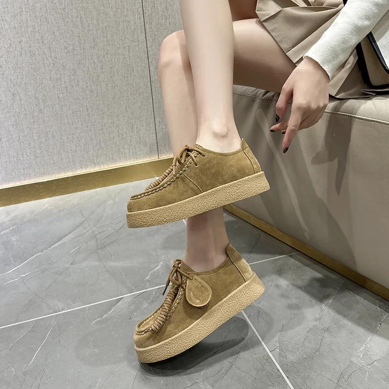 Mocassins pour femmes en daim et cuir véritable, plateforme, style britannique, à lacets, chaussures