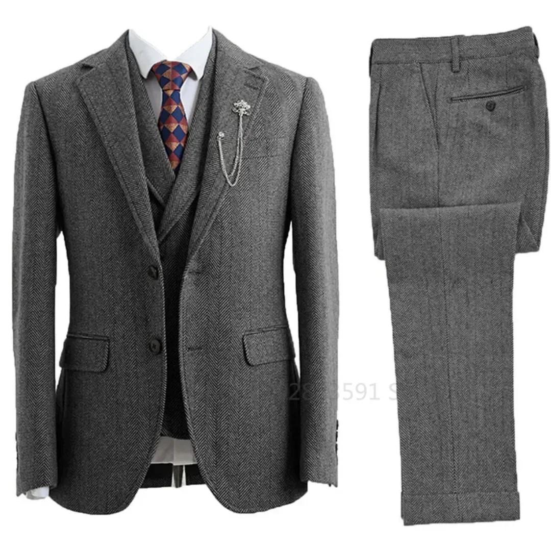 Costume 3 pièces pour hommes, Tweed à chevrons, Double boutonnage, Tuxedos de mariage, taille, vêtem