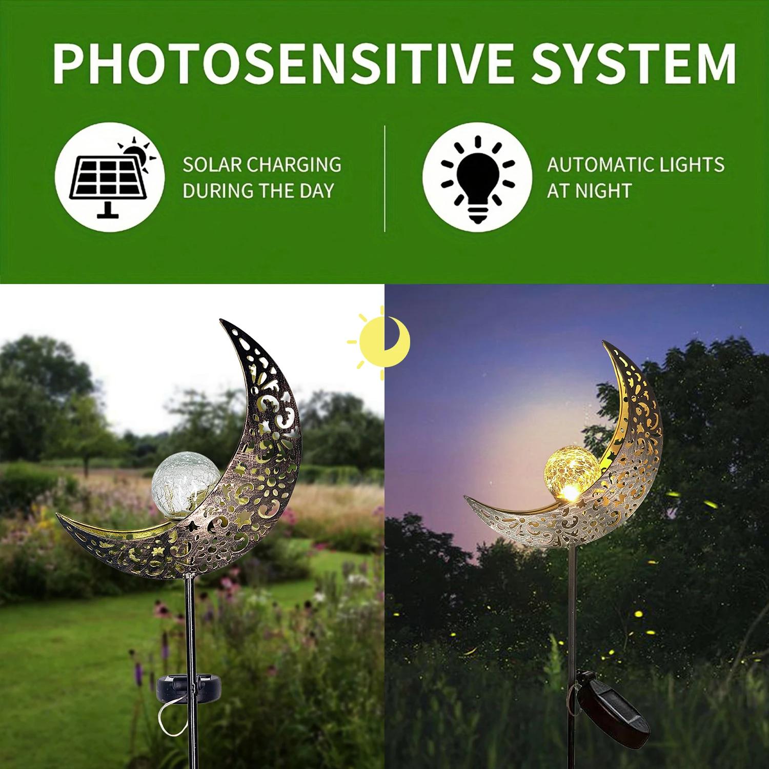 Lumières solaires LED en verre craquelé nickel é de lune, ornement de piquet en métal blanc chaud, l