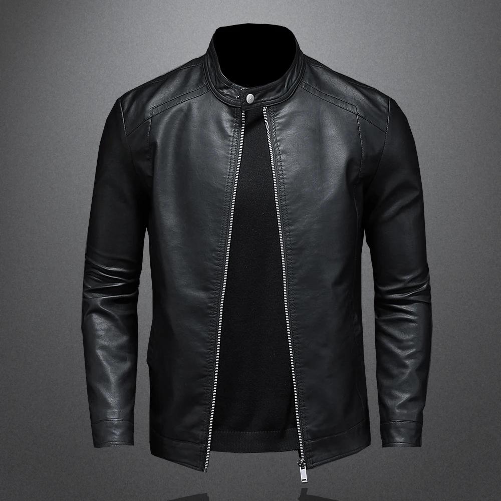 Printemps automne veste en cuir hommes col montant mince veste en cuir Pu mode Moto manteau décontra