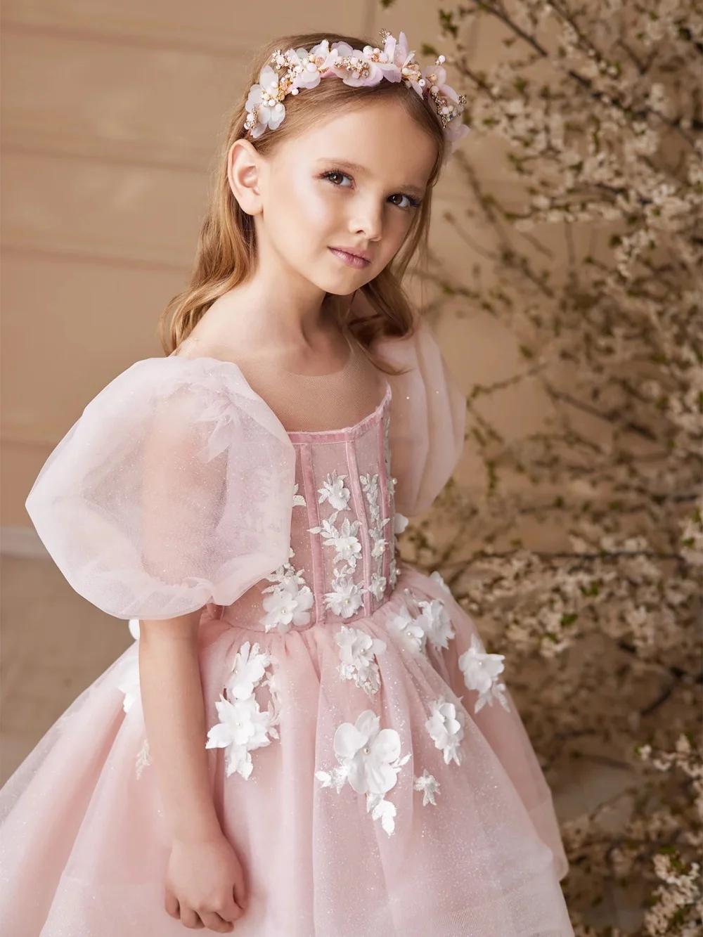 Robes de demoiselles d'honneur en paillettes roses pour mariage, robe de princesse à manches bouffan
